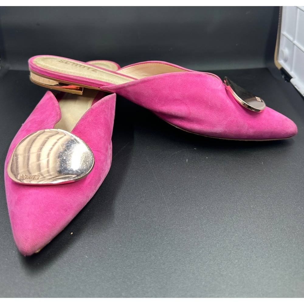 Schutz Mules Womens 8B Pink Suede Pointed Toe Gold Hardware Flats